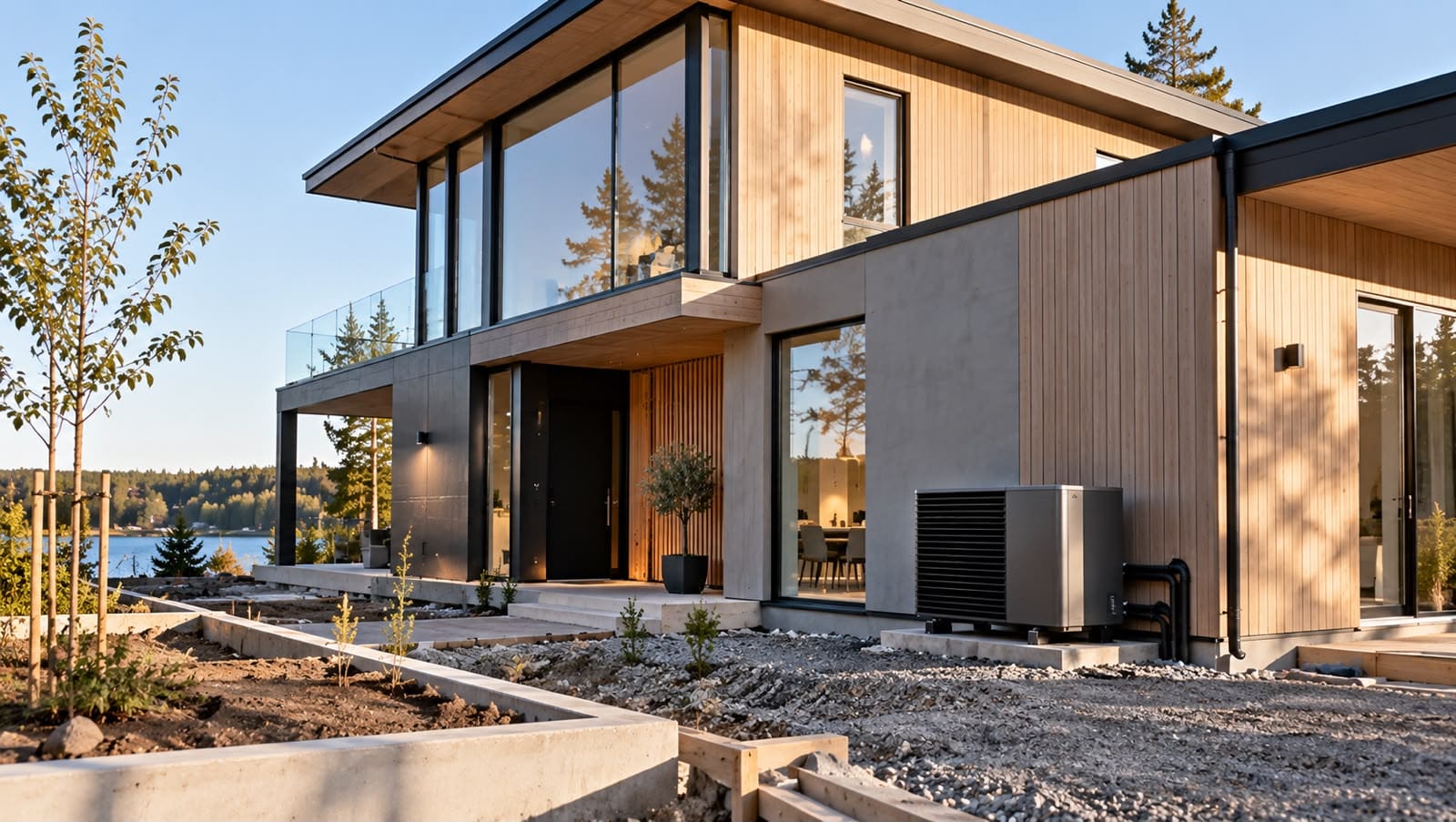 Nybyggd villa med värmepump där VVS projekterats från start