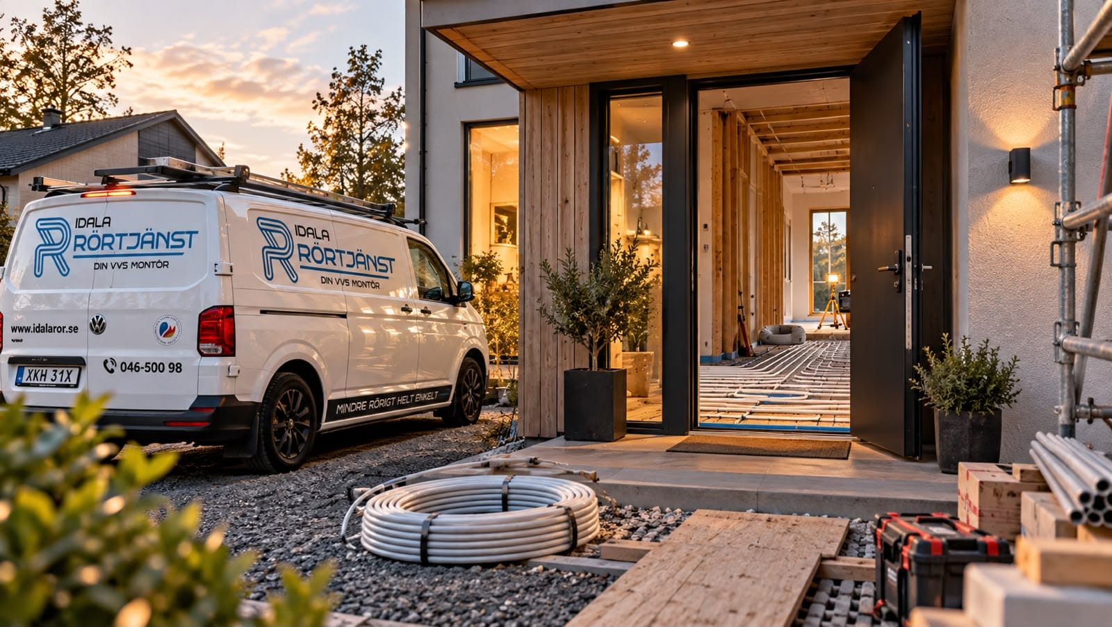 Idala Rörtjänsts servicebilar vid en villa