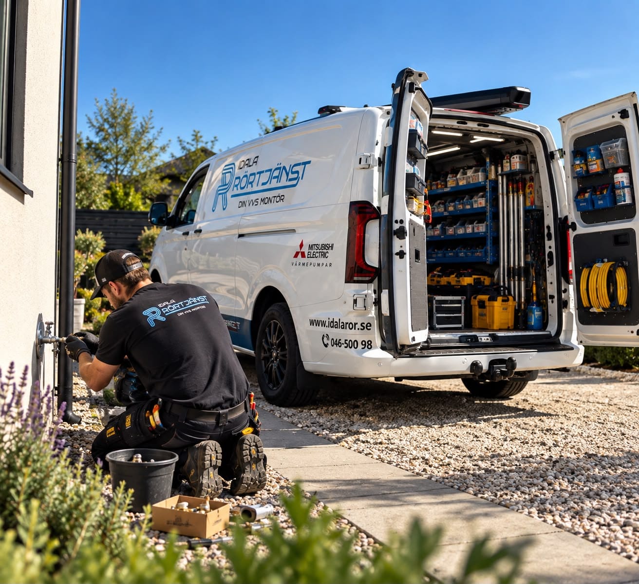 Montör från Idala Rörtjänst på servicebesök vid servicebilen
